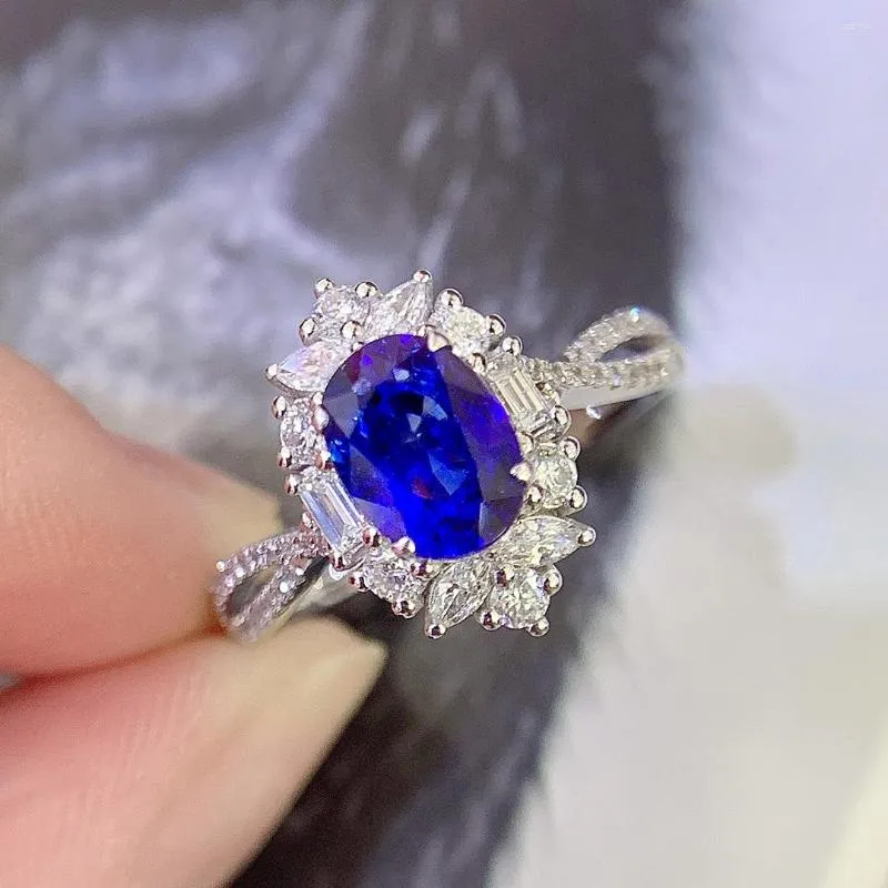 Cluster Rings JE Blue Sapphire Ring 1.38ct Real Pure 18 K Natural Unheat Royal Gemstone Diamonds Stone Female