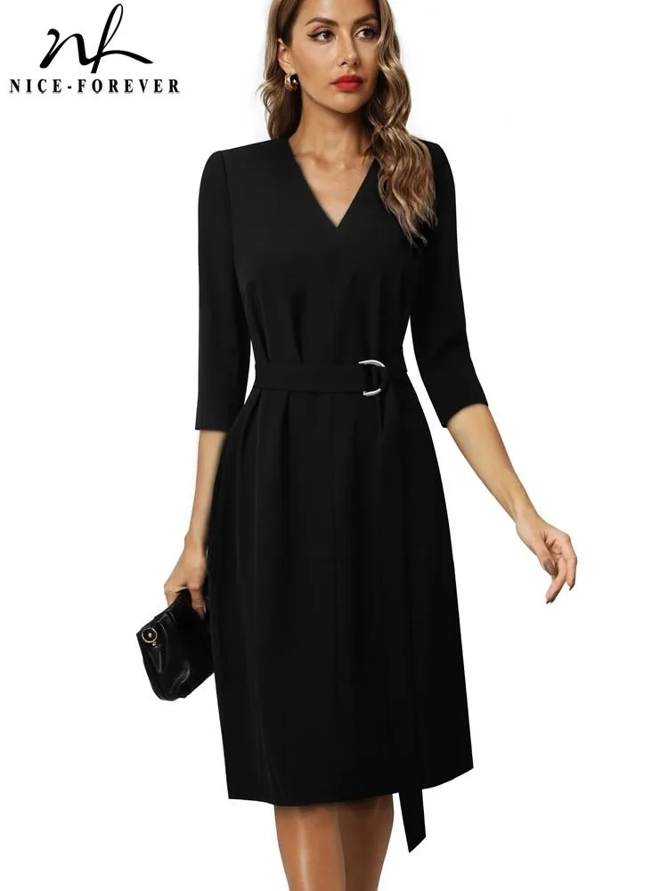 Dresses NiceForever Autumn Women Classy Solid Black with Sash Dresses Formal Business Work Elegant Shift Dress B754