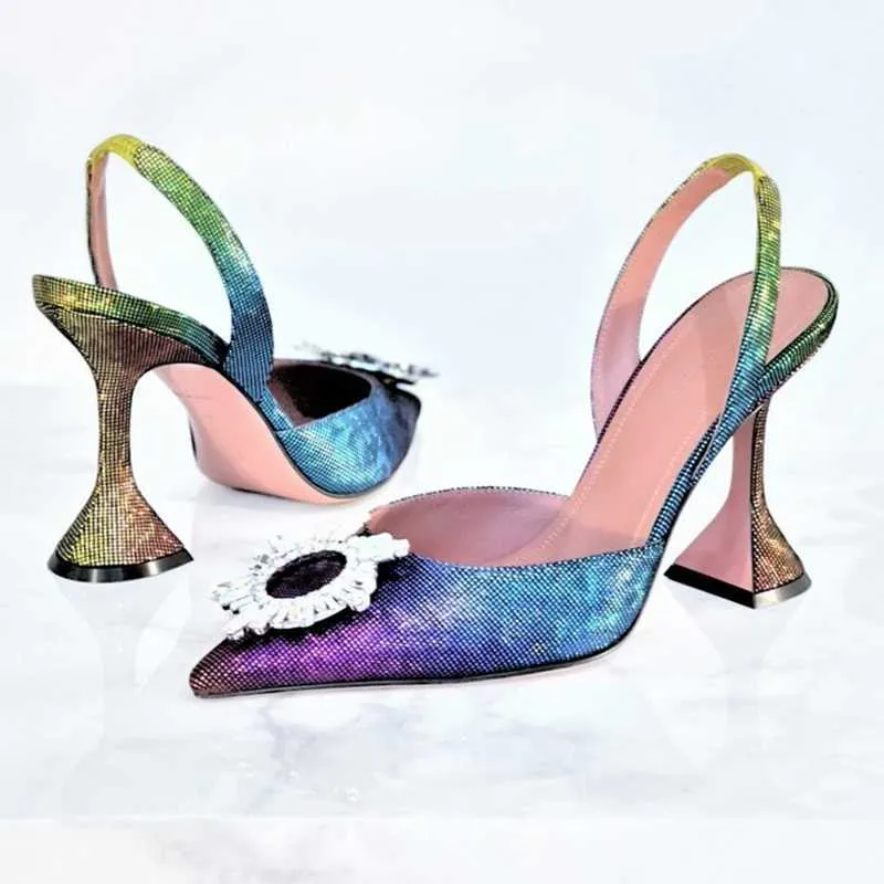 럭셔리 여성 하이힐 샌들 신발 아미나 무아 디 베르 툼 보우 크리스탈-벨리쉬 버클 뾰족한 토 에스 슬라우