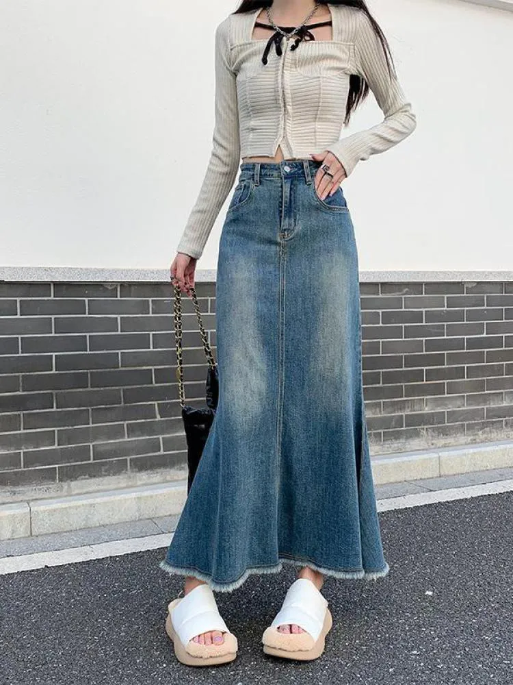 Saias guuzyuviz casual solto borla longa feminina jeans de jeans outono inverno vintage na cintura alta bolso jeans saias 230516