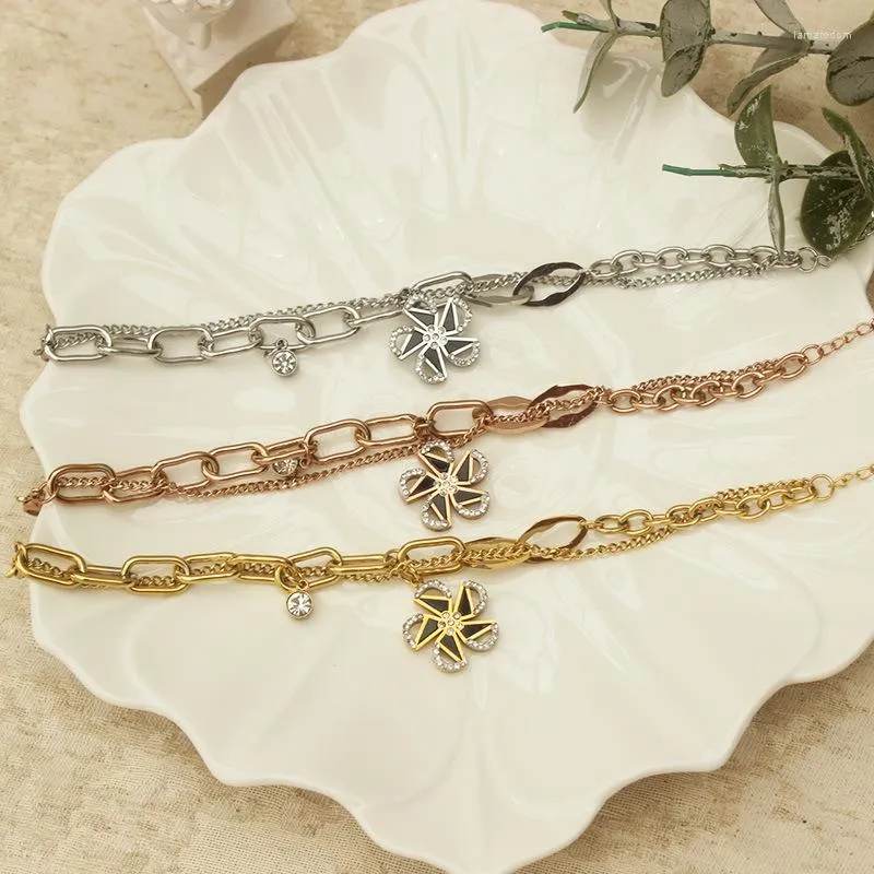 Link Bracelets Stainless Steel Bangle Hollow Full Drill Flower Windmill Double Chain Bangles For Women Fashion Luxury Bracelet Jewelry Gift