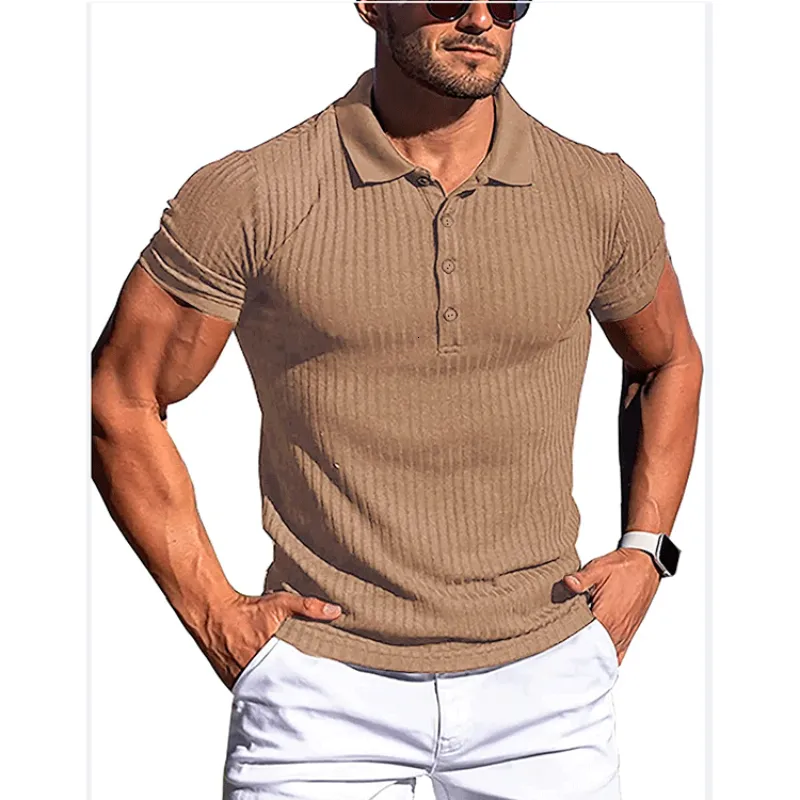 Polos pour hommes Polo d'été pour hommes Solid Stripe Fitness Élasticité Sports Chemises à manches courtes Mode Tricoté Hommes VNeck TShirt Vêtements 230517