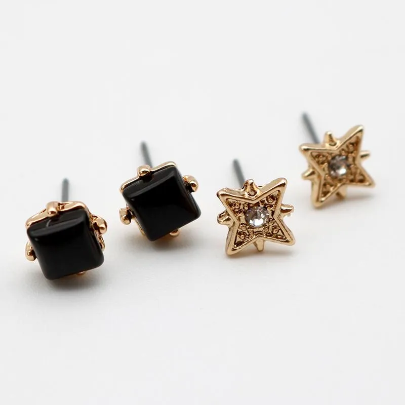 Stud Earrings Earring Post For Women Star Crystal Glass Black Stones Ear Ring Set Cute Classic Zinc-Alloy Fashion Jewelry 202387