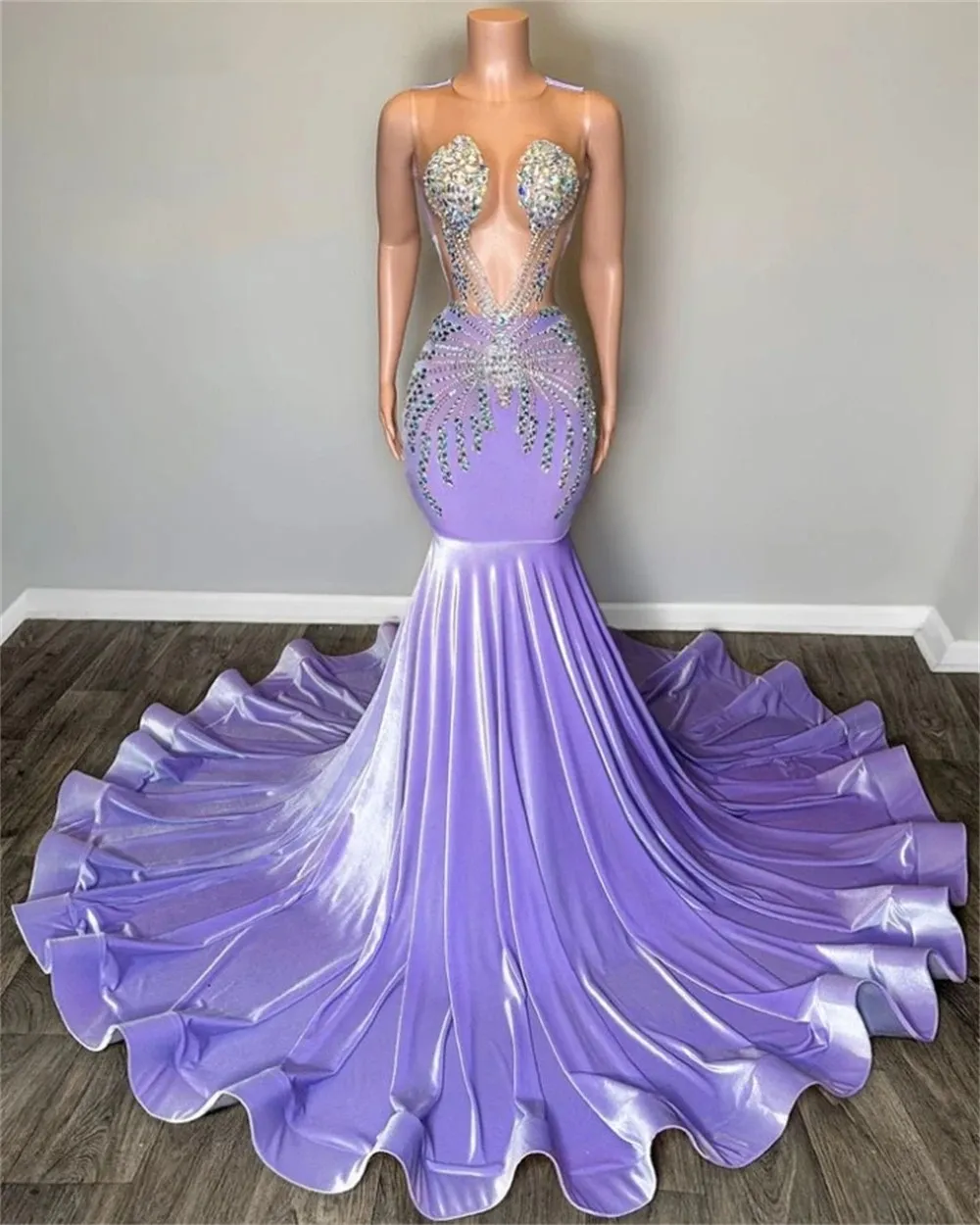 Light Purple Veet Mermaid Prom Dresses For Black Girls Sheer Neck Beaded Plus Size Formal Evening Ocn Gowns Mal Mal