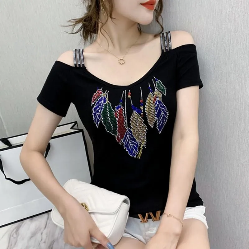 T-shirt da donna Streetwear Girl Summer Off The Shoulder Women Mesh Tops Elegante causale sottile diamante femminile sexy con scollo a V T-shirt Tees