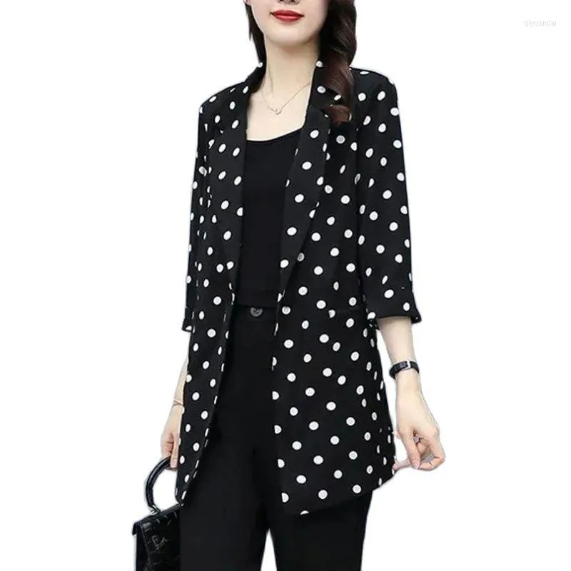 Women's Suits 2023 Spring Suit Jacket Mid-Length Polka Dots Black Women's Blazer 3/4 Sleeve Loose Casual Ladies Autumn Tops 5XL