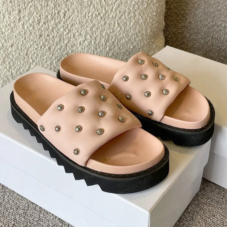 Luxury Designer Retro Studded Leather Sandals For Women Black Beach Slippers For Ladies With Punk Wind And Thick Bottom Perfect For Summer Casual Wear Available In Sizes 35 40 From Kaifa01 76.3