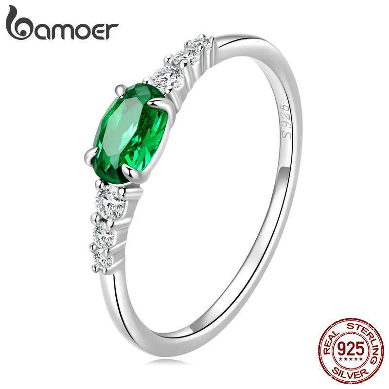Кольца группы Bamoer 925 Стерлинговое серебро простое кольцо драгоценного камня для женщин Зеленое цирконий кольцо.