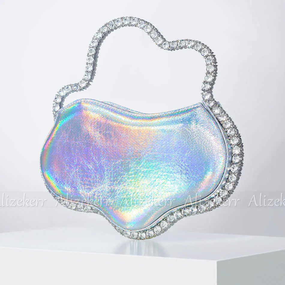 Borse da sera in metallo con manico ondulato con diamanti Borsa da sera elegante con pochette in cristallo colorato con laser e borsette per matrimoni 230509