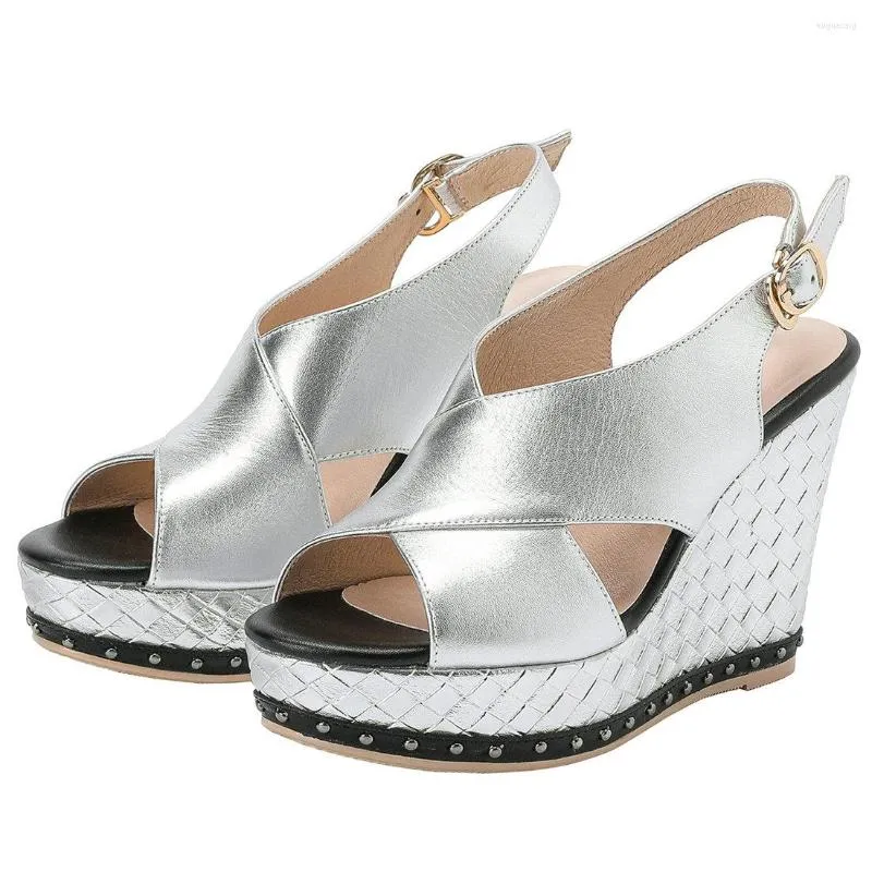 Sandals White Casual Shoes Women Silver Genuine Leather Wedges High Heel Roman Gladiator Female Open Toe Summer Platform Pumps