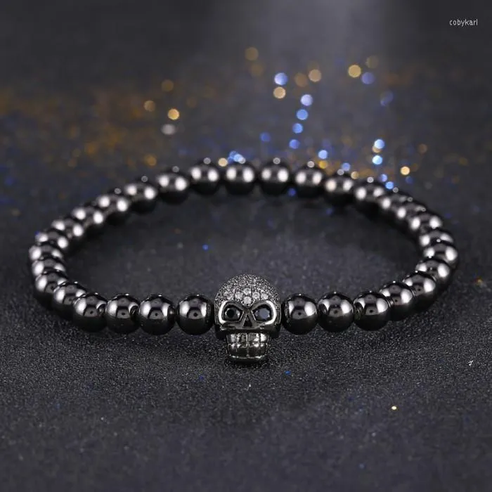 Charm Armband Fashion Punk Style 4Colors Zircon Skull Armband Stretch Elastic Line Round Copper Pärlor för kvinnliga smycken