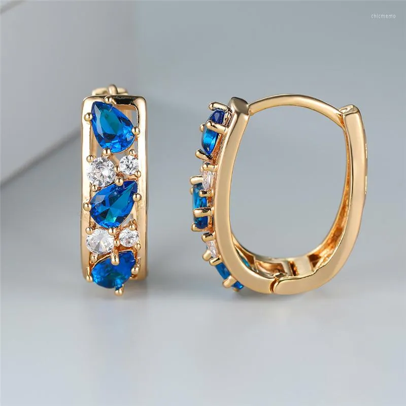 Boucles d'oreilles créoles mignonne femme cristal bleu pierre blanc Zircon rond à la mode couleur or mariage pour les femmes