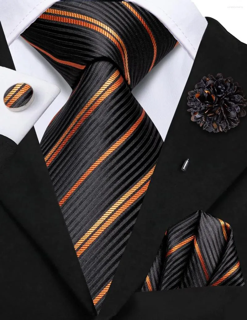 Noeuds papillon 2023 De Luxe Rayé Orange Noir 8.5cm Affaires Pour Hommes Soie Jacquard Tissé Cravate Broche Bouton De Manchette Hanky Hi-Tie Designer
