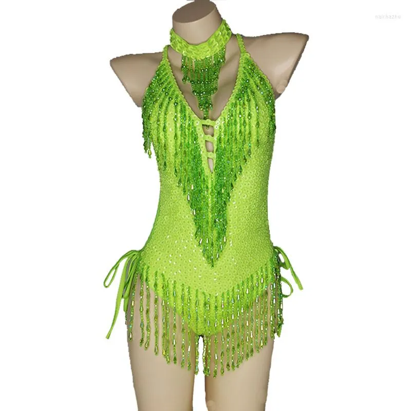 Desgaste de la etapa Traje de carnaval Traje de borla verde brillante Traje de mujer sexy Cuentas Lentejuelas Traje de rendimiento Baile de una pieza