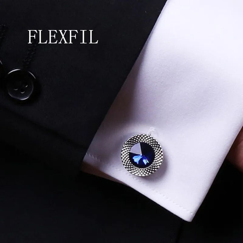 フレックスフィルジュエリーフレンチシャツファッションカフリンクメンズブルークリスタルカフリンク卸売ボタン高品質の結婚式の男性ホット
