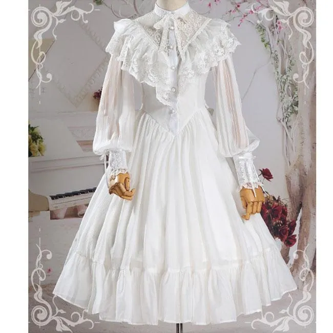 Jurken Nieuwe Collectie Vrouwen Gothic Vintage Kant Ruche Lolita Lange Mouw Zwart/Wit Chiffon Jurk Vrouwelijke Retro grote slingerjurken