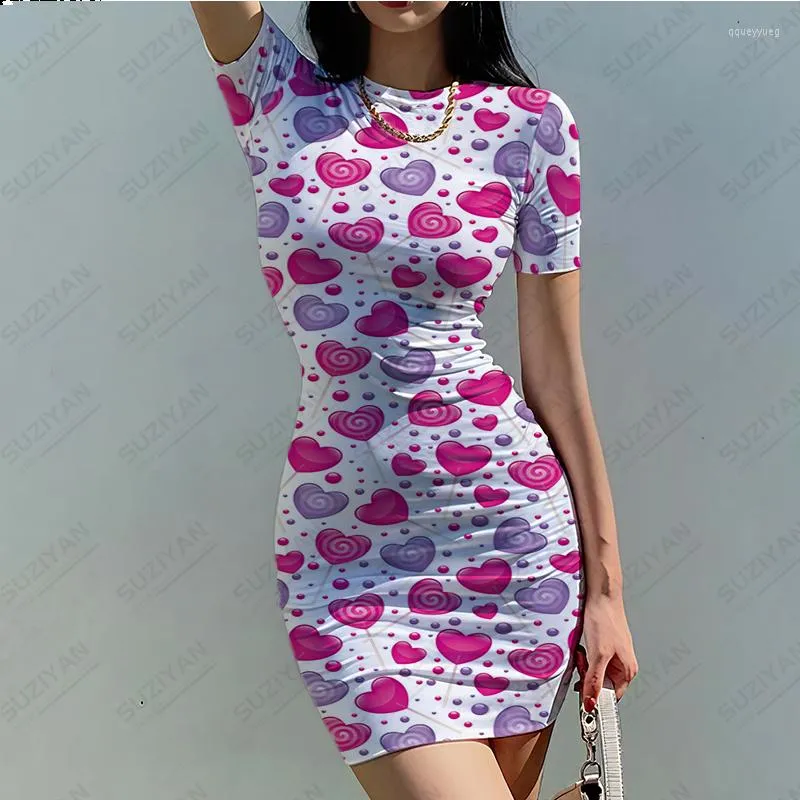 Party Dresses Summer Women's 3D Printing Valentine's Day Love Temperament Sexig stil Tät rund hals Kort ärmklänning