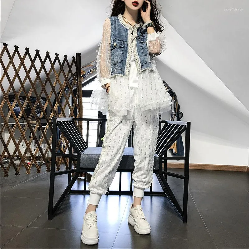 Women's Two Piece Pants Spring 2-piece Set Fashion Streetwear Denim Jacket Women Pearls Beading Bling Sequines Hio Hop Jogger Two-piece