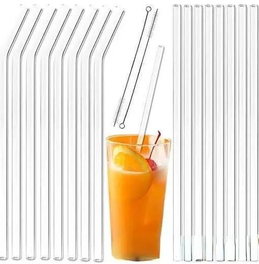 Clear Glass Straw 200*8mm Reusable Straight Bent Glass Drinking Straws with Brush Eco Friendly Glass Straws for Smoothies Cocktails