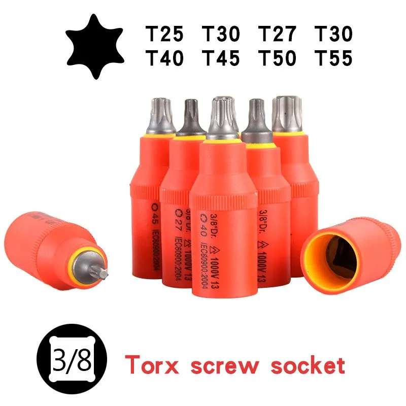 KONTAKTDOZEN 1000V Högspänningsisolering 3/8 "VDE Star Screw Socket Torx Bit T20 T25 T30 T40 T45 T55 Electrician Tools Tools