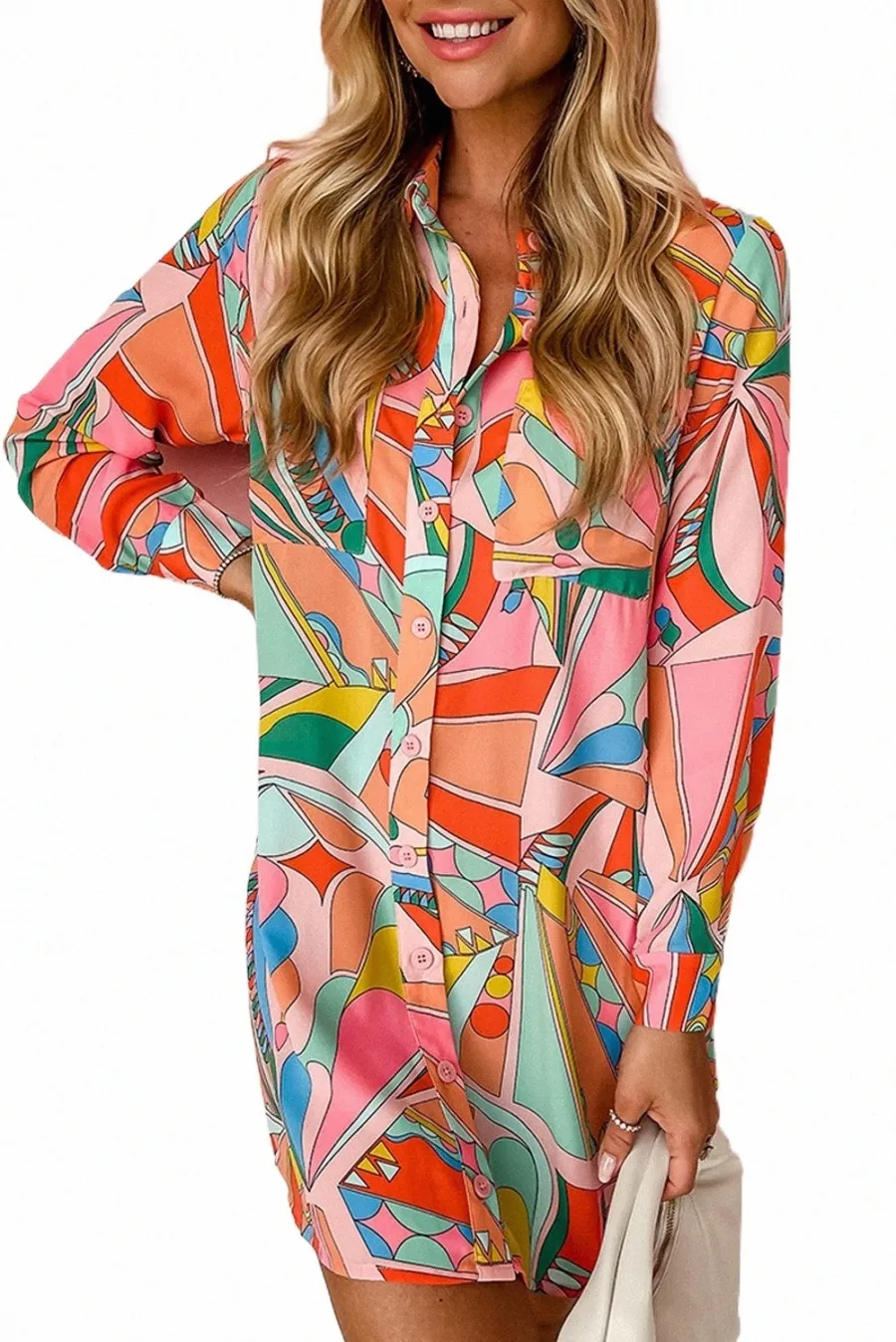 Multicolor Geometric Abstract Print Long Sleeve Shirt Dress Y3n6#