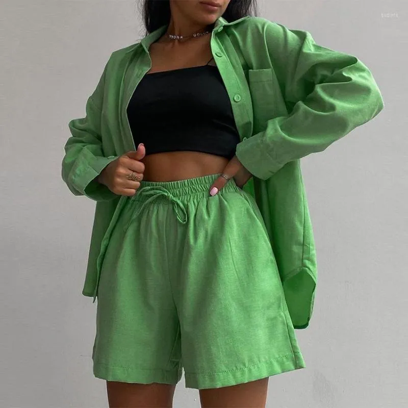 Women's Tracksuits 2023 Summer Women Cotton Linen Top 2 Piece Set Casual Long Sleeve Button Up Shirt High Waist Wide Leg Shorts Woman