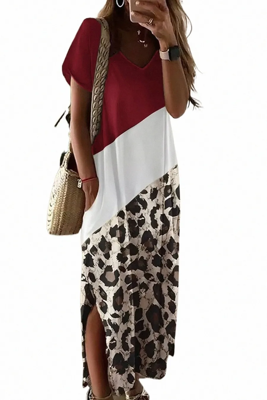 Rode luipaard kleurblok zijkant spleet t -shirt maxi jurk Q1UV#
