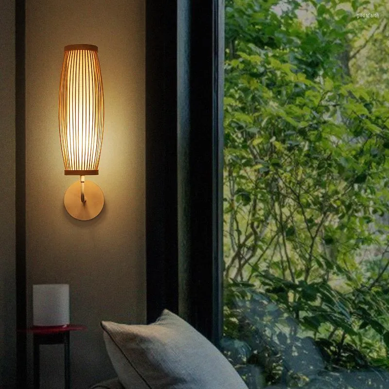 Lampade da parete Moderna lampada giapponese da comodino Camera da letto Seta di bambù Led casa da tè intrecciata E27 Luce cinese zen