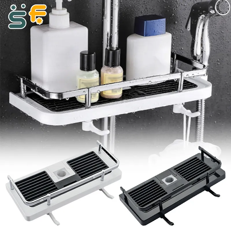 Badrumshyllor Badrumshyllor Duschförvaring Rack Shampo Holder Tray Stand Vit ingen borrning Flytande hyllduscharrangör 230516