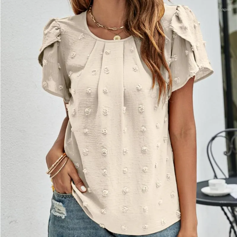 Femmes Blouses 2023 Pétale À Manches Courtes Chemises Décontractées Élégant Jacquard Femmes D'été Blouse O-cou Lâche Mode Lady Tops Blusas 25022