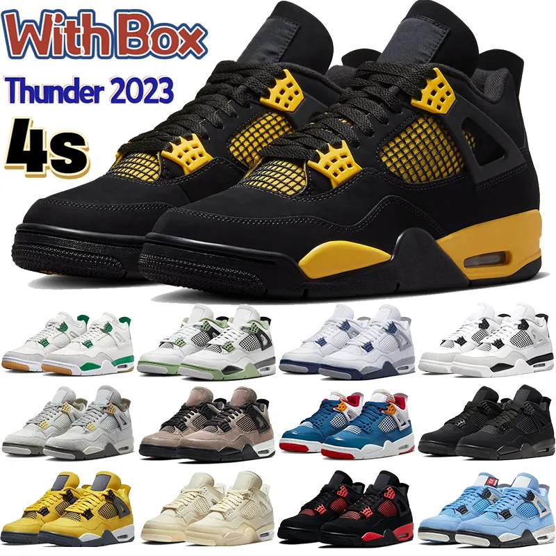 Med Box Thunder 4 4S Jumpman Basketball Shoes Pine Green Midnight Navy Military Black Cat Seafoam University Blue Messy Room Taupe Haze Mens Womens Sneakers Trainer Trainer