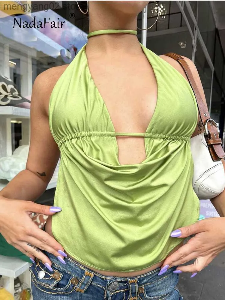 Women's Tanks Camis Nadafair V Neck Sexy Backless Crop Tops Women Green Black Summer 2023 Y2K Sleeveless Halter Bandage Strapless Top Camis T230517