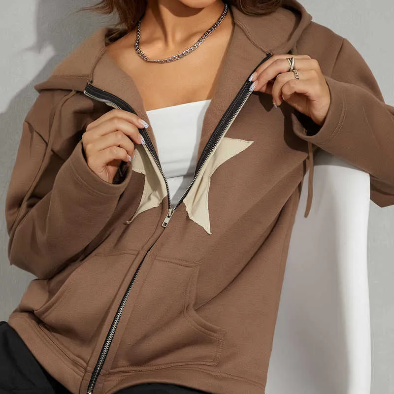 Women's Hoodies Sweatshirts Casaco Capuz Casual Feminino Com Padro Pentagrama Zper Suave Verso Solta Primavera Outono Roupas P230517