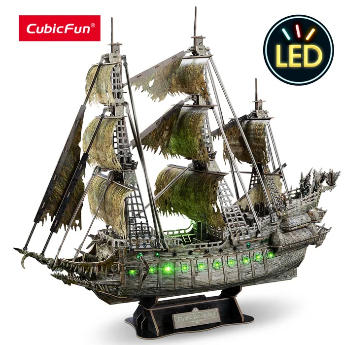 3D 퍼즐 Cubicfun 3D 퍼즐 녹색 Led Flying Dutchman Pirate Ship 모델 360 조각 키트 조명 건물 유령 범선 선물 성인 230516