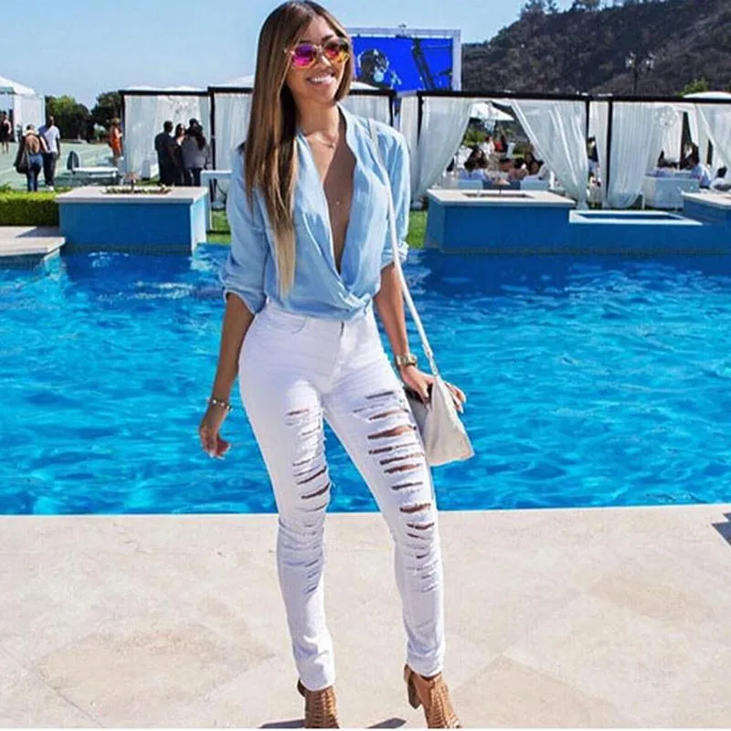 Jean déchiré blanc femme hot sale