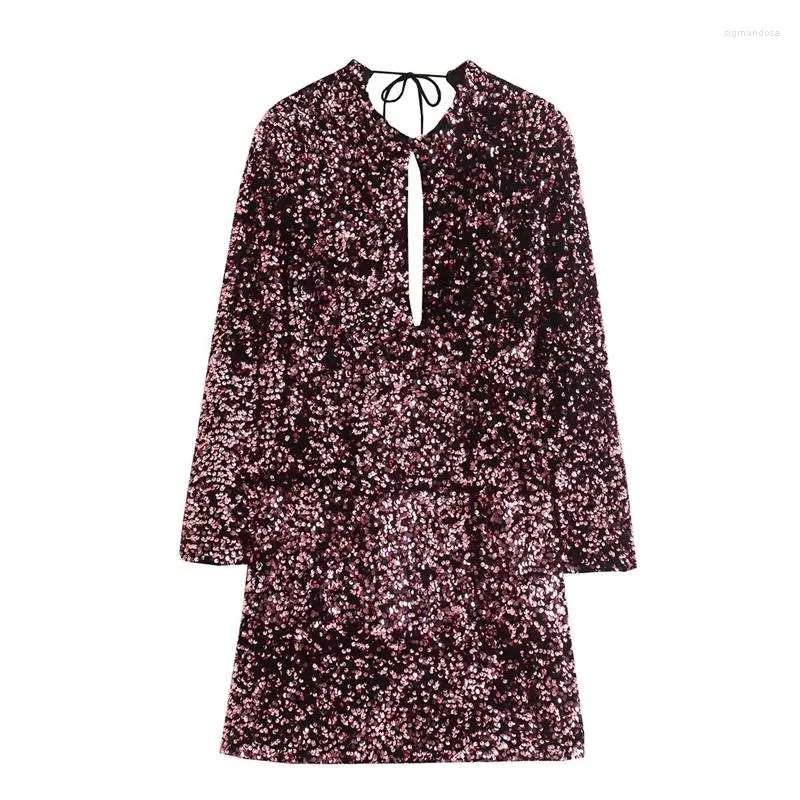 Casual Dresses 2023 Women's Early Spring Open Back Tie Sequins Decorated Velvet Long Sleeve Mini Sexy Slim Dress