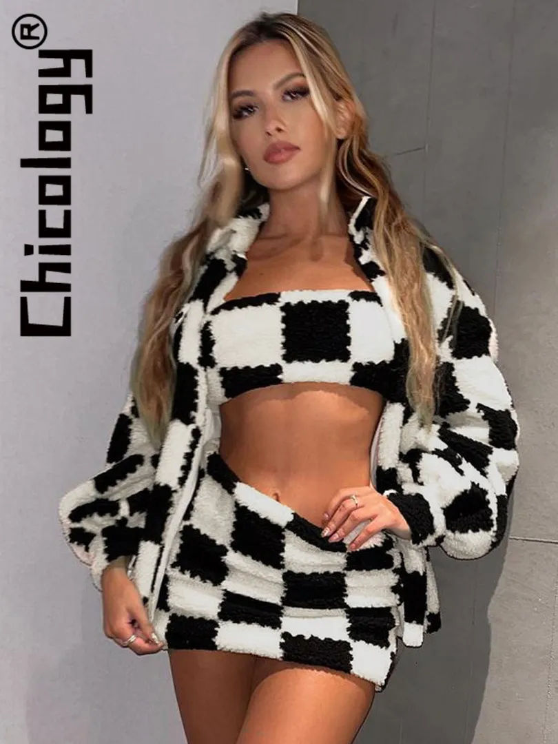 Zweiteiliges Kleid Chicology Sexy Plaid 3 Stück Rock Sets Langarm Reißverschluss Dicker Mantel Streetwear Party Herbst Winter Frauen Kleidung Großhandel 230516