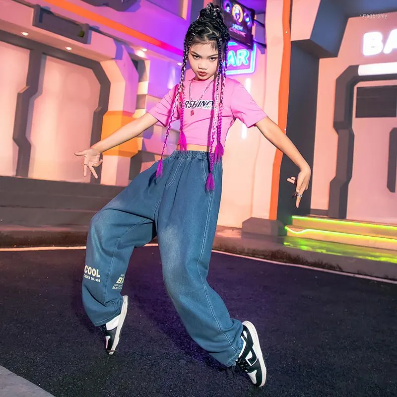Girls Pink Crop Tank T Shirt And Denim Pants Set Hip Hop Stage