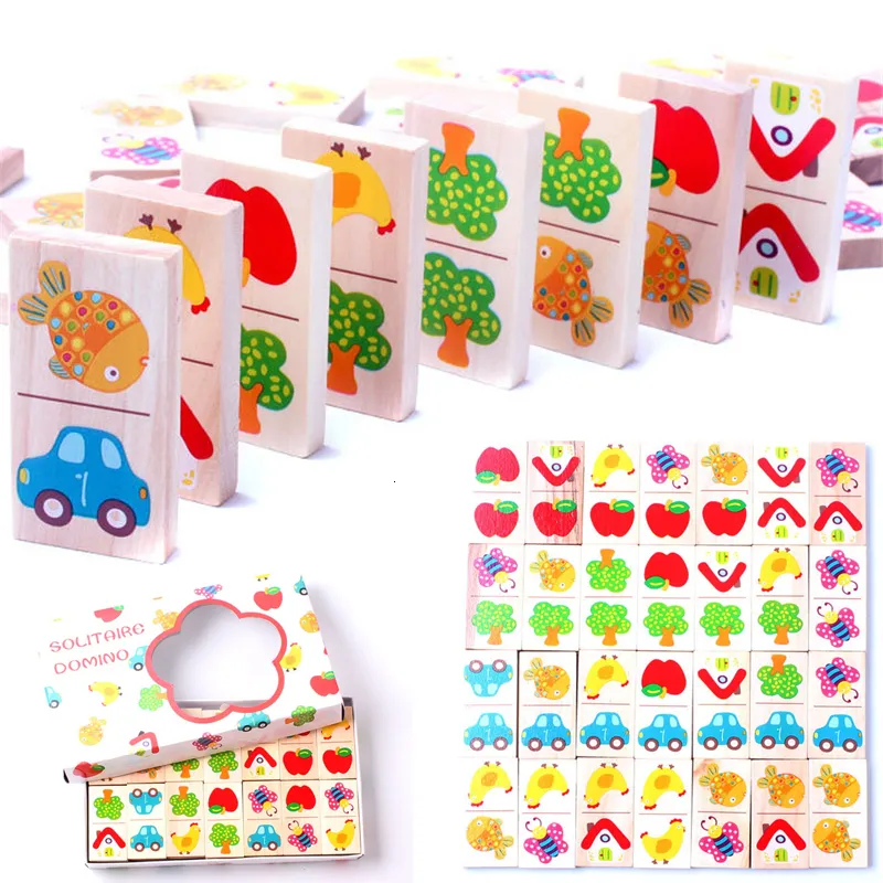 Blocks 28pcs Wooden Domino Fruit Animal Recognize Dominoes Games Jigsaw Montessori Children Learning Education Puzzle Baby Toy 230516