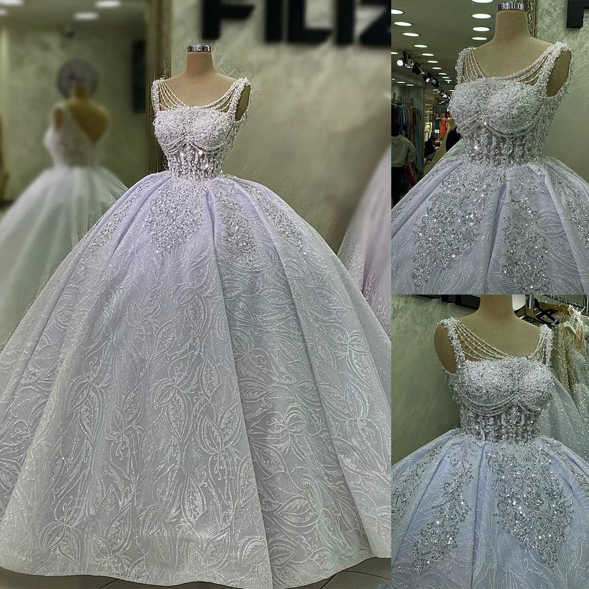 Luxury Ball Gown Wedding Dresses Jewel Designer Pearls Shining Sequins Applicant Backless Pleats Court Gown Custom Plus Size Made Bridal Gown Vestidos De Novia