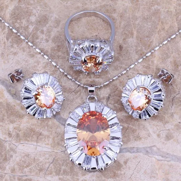 Necklace Earrings Set Champagne Morganite White CZ Silver Plated Pendant Ring Size 6 7 8 9 10 S0055