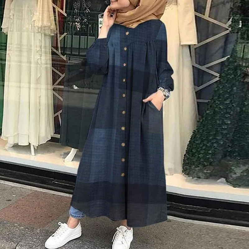 Camiseta novo verão muçulmano vintage xadrez blusa para mulheres simples algodão linho camisa longa arábia saudita islam femme topos senhora camisa vestidos