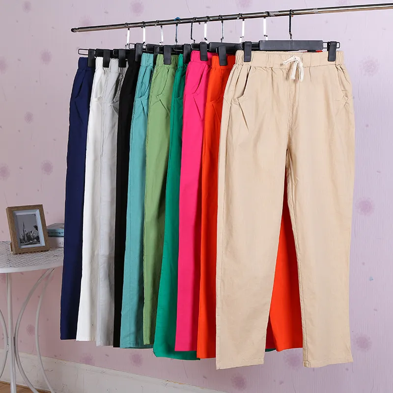 Damenhose Capris Damenhose Frühling Sommer Harem Baumwolle Leinen Solide elastische Taille Hose Weiche hohe Qualität für weibliche Damen 230516