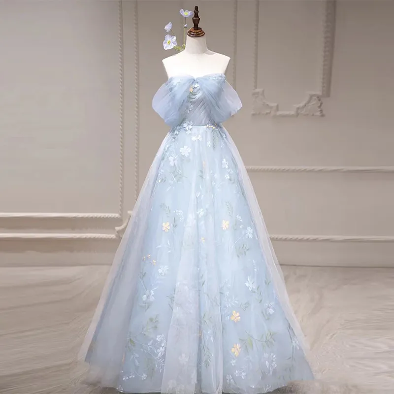 Élégant bleu mère de la dentelle Appliques Fleurs Perles de soirée formelles Robes de soirée personnalisées plus taille longue à l'épaule de mariage robes robes de mariée 403 Robes 403