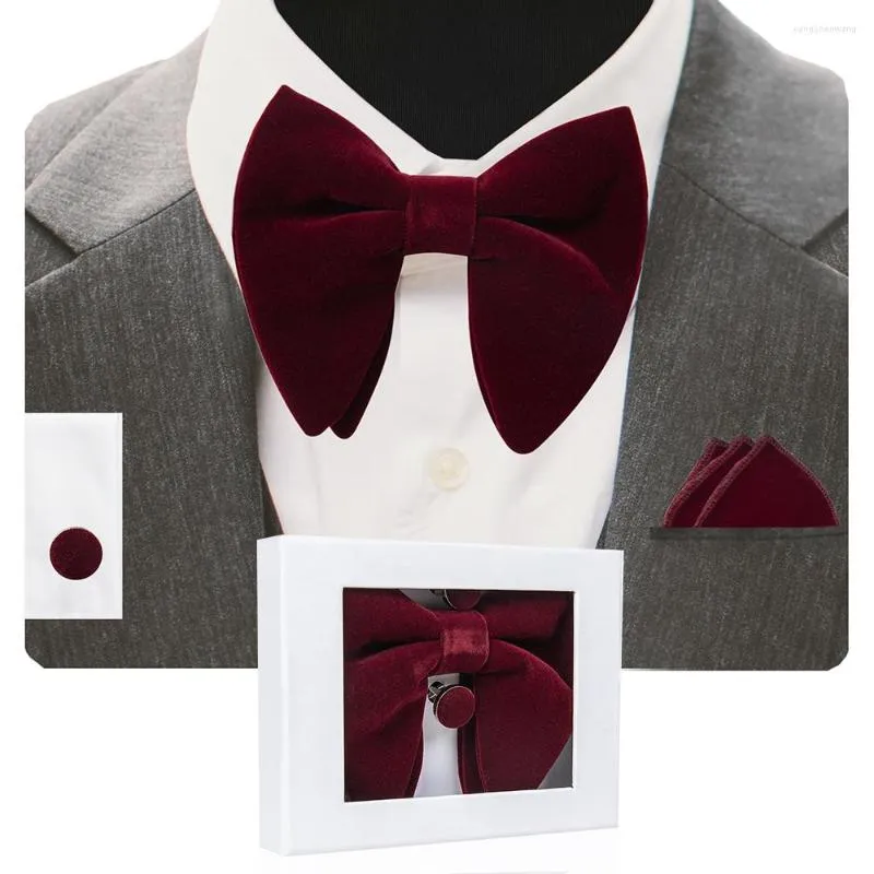 Bowbindingen Gusleson Velvet Big Tie Bowties Bowties Pocket vierkante manchetknopen Set met geschenkdoos Solid Red Yellow Ntraltering voor man Wedding