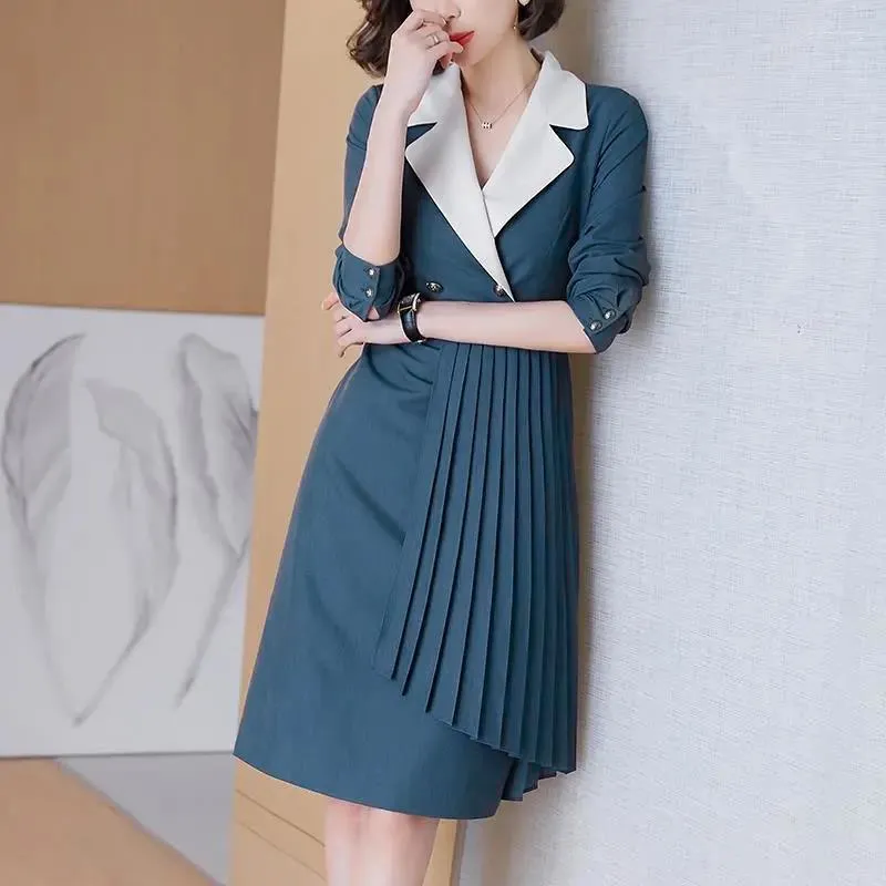 Vestidos Casuales Traje Vestido De Trabajo Elegante Para Mujer Primavera 2023 Cintura Coreana Cierre Manga Larga Plisado Medio Costura Estetica De 25 77 DHgate