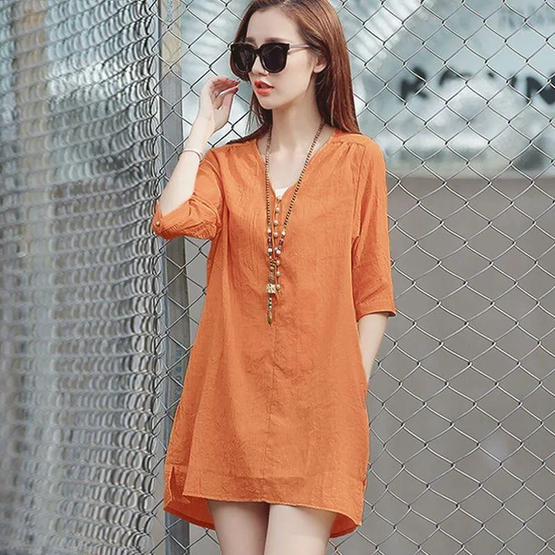 Dress Fashion VNeck Solid Color Button Loose Pockets Korean Mini Dress Women's Clothing 2023 Summer New Half Sleeve Casual Dresses