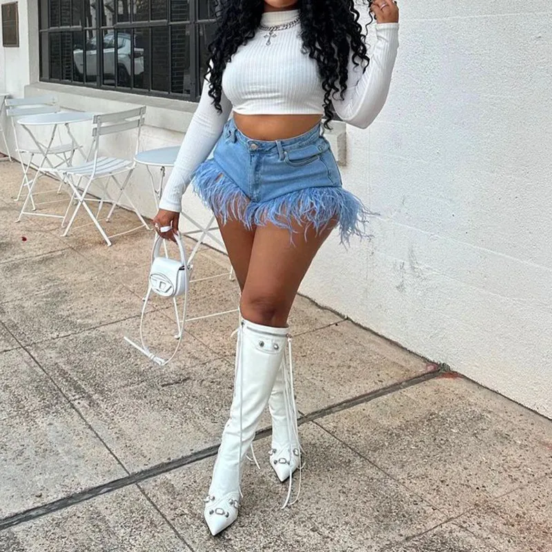 Feather Accent Denim Shorts: Women's High Waist Jeans, Trendy Streetwear  Pants, Button Fly, All-Matching Summer Fashion, Hipster Style