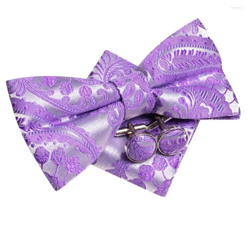 Laços Hi-tie Lilás Roxo Seda Mens Gravata Hanky Abotoaduras Conjunto Pré-amarrado Borboleta Nó Jacquard Bowtie Para Masculino Presente de Negócios de Casamento