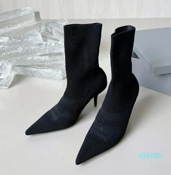 Black Leather Stretch Knit Black Heeled Sock Boots With Cuff Ribbed Sock Heels Lace Up Biker Booties For Women 8.5cm 35 41size From Factory Qiaopi Bulk 121.76 DHgate.Com